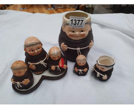 A Goebel monk cruet set, jug, tankard and pepper pot