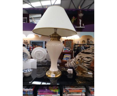 A white pottery and brass urn style table lamp, height 70cm COLLECT ONLY