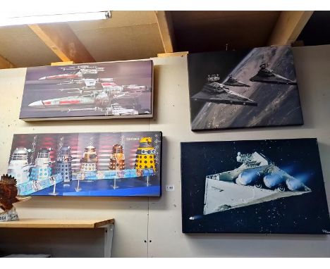 3 canvas 'Star Wars' related prints and 1 'Doctor Who' related print.