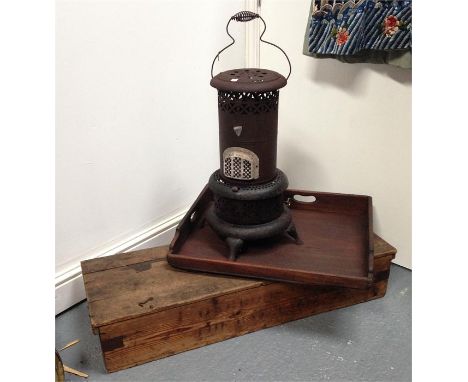 A Mahogany butlers tray 69cm wide, a pine trunk 109cm wide and a paraffin heater (3)