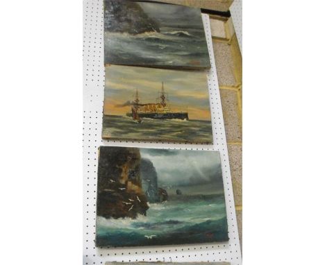 R. Warr oil on canvers, H.M.S Powerful 36cm x 26cm and another similar, and two sea scapes (4) 