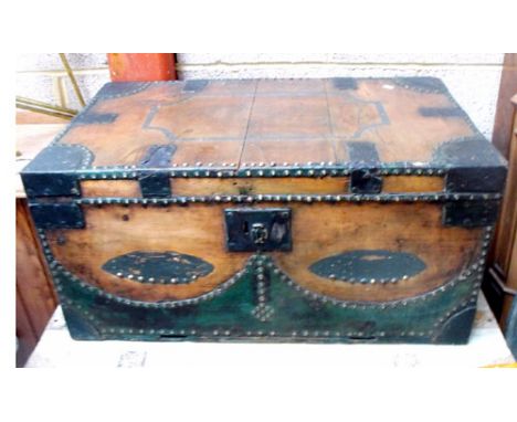Metal bound pine trunk with brass stud decoration 76cm x 46cm 