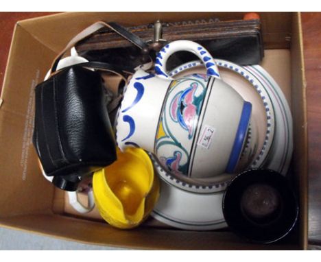 A Poole Pottery bowl, a Poole Pottery posy vase, a Russian Monocular and other items (box)