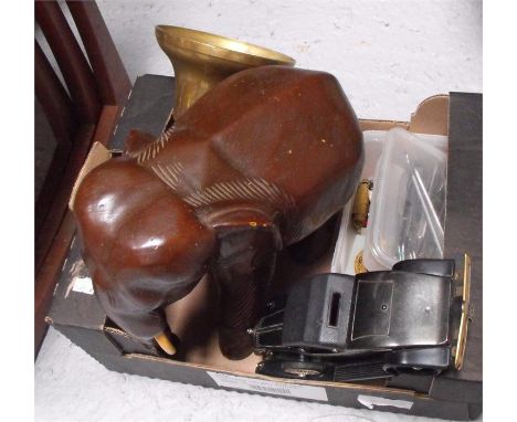 A carved wooden elephant, a quantity of vintage dentist tools, bank weights and other items (box) 