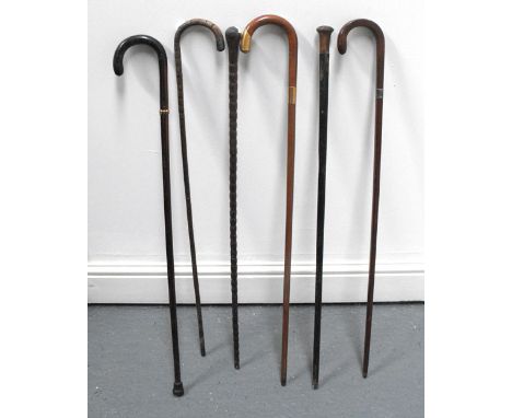 An Edwardian mahogany silver mounted walking stick, a horned handled walking stick and other walking sticks (6) 