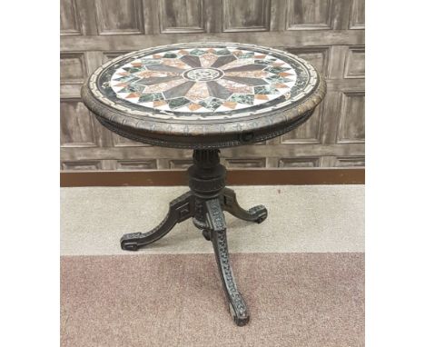 ATTRACTIVE VICTORIAN CIRCULAR CENTRE TABLE WITH SPECIMEN MARBLE TOP the top with central star within a roundel, within a sunb