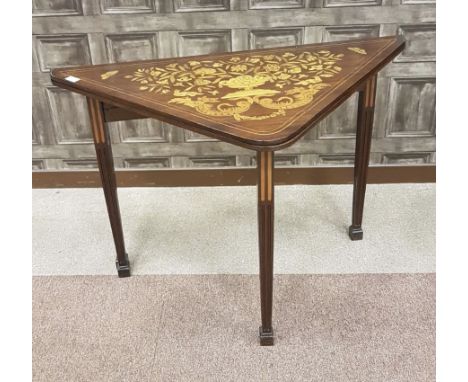 LATE 19TH CENTURY DUTCH TRIANGULAR FOLD OVER CARD TABLE the top inlaid with a floral marquetry panel, opening to reveal an in