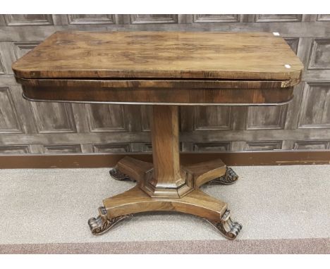 VICTORIAN ROSEWOOD OBLONG FOLD OVER CARD TABLEthe top with rounded corners, opening to reveal a baize lined interior, on a sq