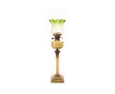 VICTORIAN OIL LAMPwith green tinted glass shade, clear glass chimney, above an opaque glass reservoir, an alabaster and brass
