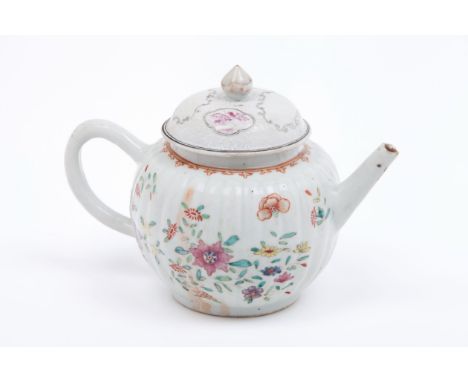 A teapot and coverChinese export porcelainGadrooned teapot of polychrome floral "Famille Rose" enamelled decorationQianlong r