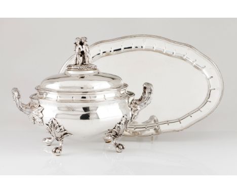 A tureen with platterPortuguese silver17th century style decorationBulging body of engraved floral motifsHandles and feet of 