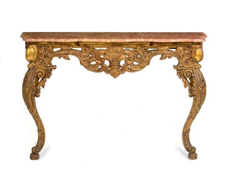 A pair of Regence style console tablesCarved and gilt woodFoliage motifs decorationCabriole legs and pink marble scalloped to