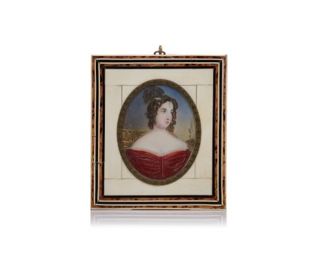 A portrait of a ladyOval miniature on ivoryIvory and turtle shell coated frame with ebony friezesMetal hoopEurope, 19th centu