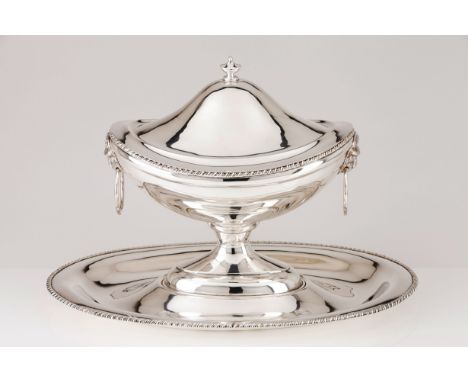 An oval tureen and traySilver 916/000Lions heads handlesLisbon hallmark (1938-1984), maker's mark António Amaral Pereira Lda.