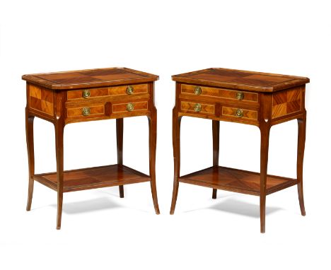 A pair of side tablesMahogany, burr walnut and other timbers veneered oakThree drawers and a shelf to each tableYellow metal 