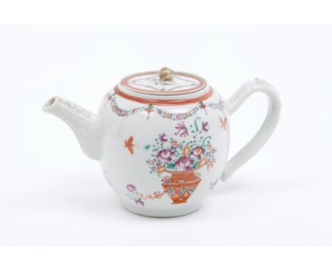 A teapot and coverChinese export porcelainPolychrome decoration of flower vases, insects and garlandsFruit shaped lid pommelM