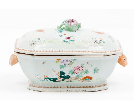 A tureen with coverChinese export porcelainPolychrome "Famille Rose" enamelled decoration of landscapes with ducks, cranes an