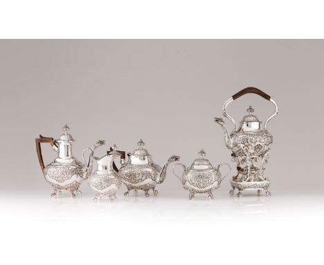 A Romantic Era tea and coffee setSilver 833/000Comprising of teapot, coffee pot, kettle with burner, sugar bowl and milk jugO