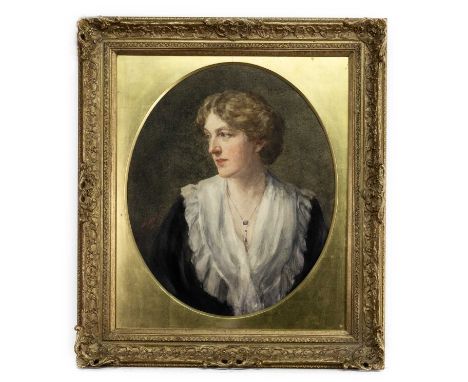 HENRY WRIGHT KERR RSA RSW (SCOTTISH 1857 - 1936), GIRL WITH AMETHYST PENDANT watercolour on paper, signedmounted (oval), fram