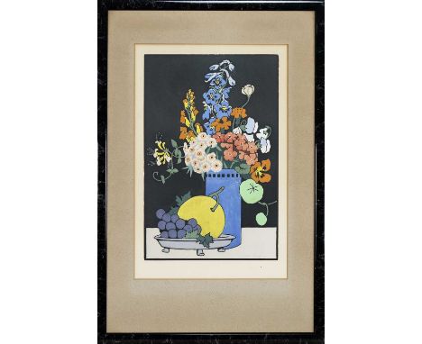 JOHN HALL THORPE (BRITISH 1874 -1947), FLOWERS AND FRUIT woodcut print on paper, signed mounted framed and under glassimage s