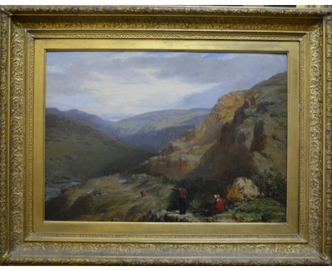 Paul Falconer Poole - An extensive rugged landscape with figures and sheep, oil on canvas, 46 x 66 cm