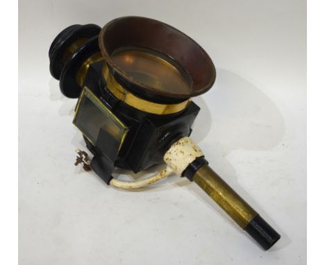 Large brass and Japanned tin coach-lamp on socket bracket Condition Report The glass in lamp is 15.5 cms diameter