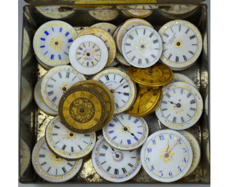 Twenty-six various ladies' fob watch movements with decorative enamel and gilt dials (all a/f)