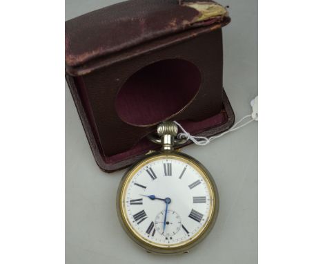 An electroplated 'Goliath' pocket watch with associated top-wind movement - enamel dial, in folding leather travel-case/stand