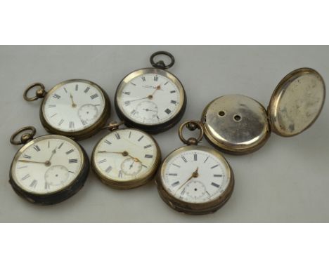 Six various silver open-faced pocket watches with enamel dials and key-wind lever movements (all a/f)