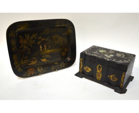 A Victorian mother-of-pearl inlaid and gilt decorated papier mache tea caddy to/w a small japanned papier mache tray, 24 cm x
