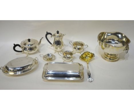 An epns punch bowl with King's pattern ladle, a four-piece tea service, two entree dishes and covers and a tea strainer on st