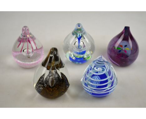 Five pear shaped Caithness glass paperweights including Splash, Red Arrows, four with facetted sides, all limited editions (5