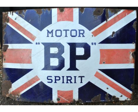 A large vintage 'BP Motor Spirit' Union Jack enamel sign, 92 x 137 cm a/f Condition Report enamel finish heavily damaged to a