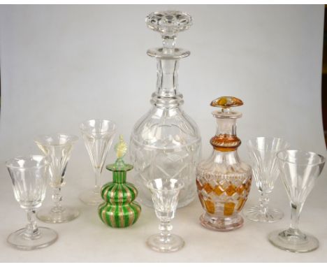 A small collection of glass comprising:  a small wine glass with trumpet shaped facetted bowl, knopped stem on a plain foot, 