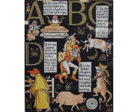 A set of hand-coloured alphabet nursery prints after Walter Crane from his 'The Absurd ABC', in the Arts & Crafts style, vari