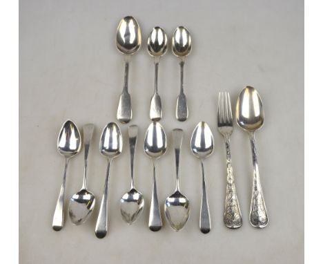 A Victorian silver Christening spoon and fork, London 1839, to/w nine various Georgian and later teaspoons