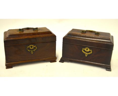A near pair of 19th century mahogany caddy topped boxes having brass swan handles and hand cut escutcheons, on ogee bracket f