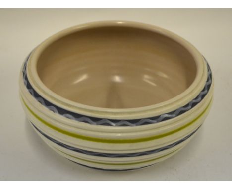 A Poole Pottery bowl of ribbed form painted with lime green concentric lines between grey and white wavy lines, 9.5 cm h., 19