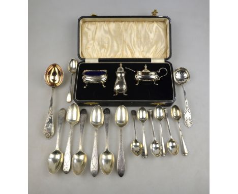 A cased three-piece condiment set Jubilee marked Birmingham 1935, to/w a set of six bright-cut teaspoons, Dublin 1878, seven 