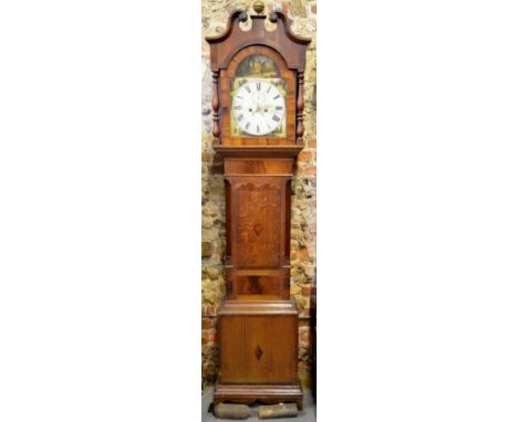 A 19th century oak and mahogany 8-day longcase clock with painted arch dial depicting abbey ruins, in arched hood above short