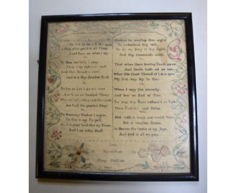 A Victorian sampler with printed text of a prayer, the outer surround with long-stick floral scroll 'done at Nottingham by Ma