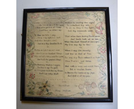 A Victorian sampler with printed text of a prayer, the outer surround with long-stick floral scroll 'done at Nottingham by Ma