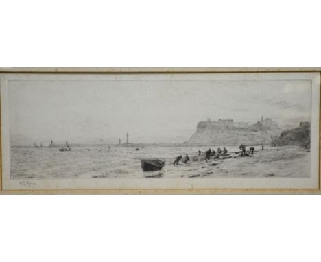 W.L. Wyllie - Dragging nets off the coast of Whitby, Yorkshire, drypoint etching, fore-edge signed lower left, 11 x 22 cm Con