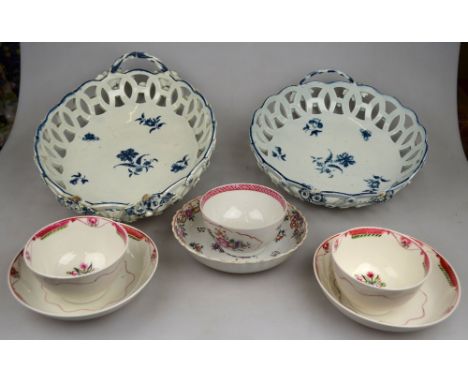Two 18th century Worcester blue and white twin handle chestnut bowls, one oval 27 cm long and one circular 21 cm dia., both p