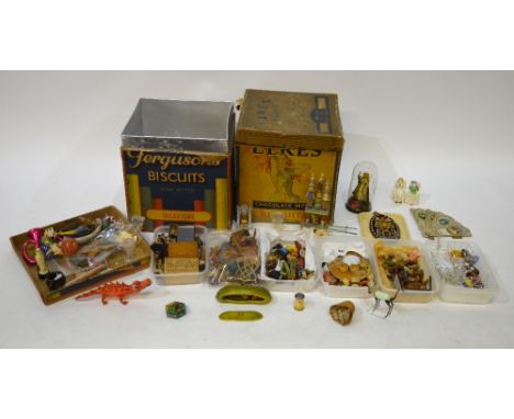 A collection of miniature glass, wooden and wax ornaments, treen automaton, biscuit boxes, etc. (box) Condition Report Varyin