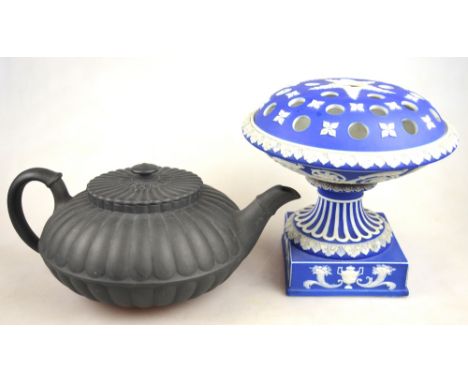 A Wedgwood blue Jasper ware shallow pot-pourri bowl/incense burner with pierced cover, supported on a circular pedestal raise