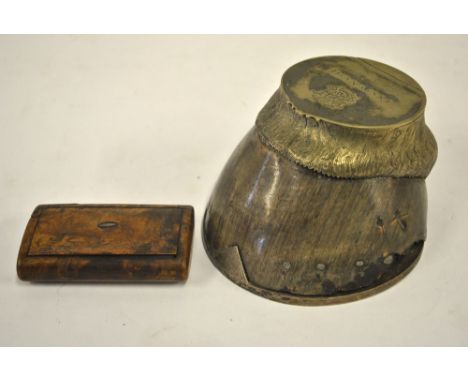 A Vernon Ward & Co horse's hoof trinket box with EP mounts, engraved 'Diana 1884' to/w a wooden snuff box