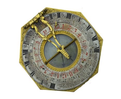 A good late 17th/early 18th century Augsburg pocket gilt-brass and silver pocket sun and moon dial compass/sundial by Johan M