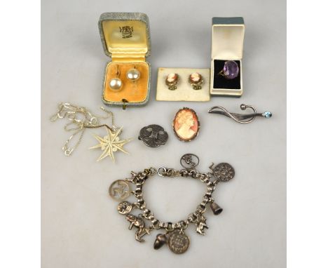 A lot containing Victorian chain bracelet with various charms attached, treble clef brooch, cameo brooch, cameo earrings, lar