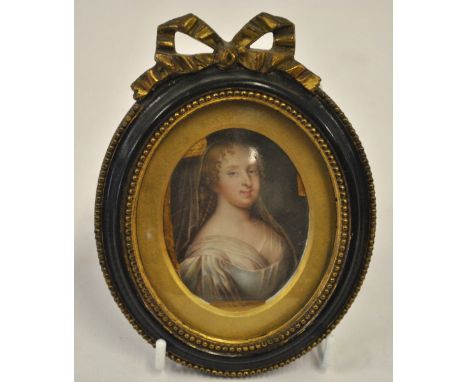 A 19th century oval enamel portrait miniature of a Renaissance lady in gilt mount and parcel gilt frame Condition Report pain